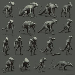 Twelve detailed, alien-like creatures in various poses and states of alertness are depicted against a uniform gray background.