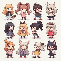 Twelve diverse female characters, dressed in various outfits and accessories, stand in a grid-like formation against a light gray background.