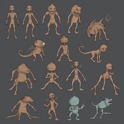 Twelve fantastical creatures, varying in size and appearance, stand and walk against a muted gray backdrop.