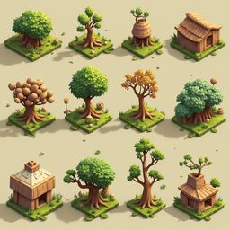 Twelve isometric illustrations of trees and houses, varying in style and color, arranged in a 3x4 grid.
