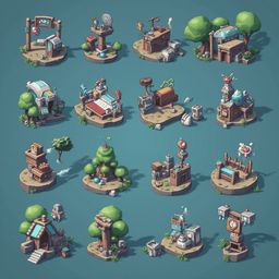 Twelve isometric illustrations of whimsical houses and buildings on small islands, showcasing unique features and designs.