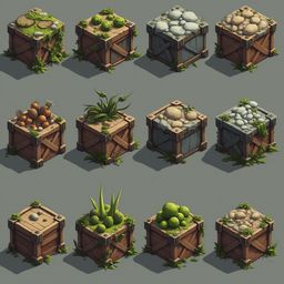 Twelve isometric illustrations of wooden crates with diverse contents, including fruits, plants, rocks, and coins.