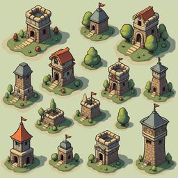 Twelve medieval-style buildings, varying in height, shape, and color, populate a quaint village scene.