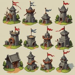 Twelve medieval-style gray stone towers with red and blue flags stand on grassy patches, varying in design.