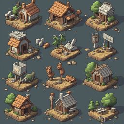 Twelve miniature houses with unique features are arranged in a 4x3 grid on a dark blue background.