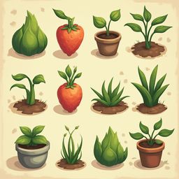 Twelve potted plants, including a strawberry, aloe vera, and succulent, are arranged in a 3x4 grid against a light beige backdrop.