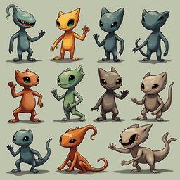 Twelve stylized creatures in various colors and poses, resembling young animals or fantastical beings, stand against a light green backdrop.