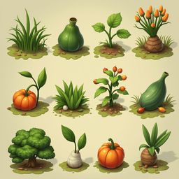 Twelve stylized plants, trees, and fruits in various colors and shapes are arranged in a 3x4 grid against a light green backdrop.