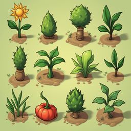 Twelve stylized plants, varying in type and size, grow from small pots on brown soil against a light green backdrop.