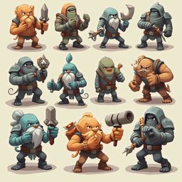 Twelve unique blue-skinned humanoid creatures, each with distinct weapons and attire, stand against a light beige backdrop.