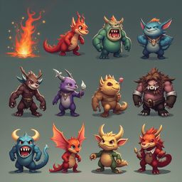 Twelve unique cartoon creatures, each with distinct features and colors, are arranged in three rows against a muted gray backdrop.