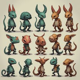 Twelve unique cartoon creatures, varying in color and form, stand upright on hind legs against a light beige backdrop.