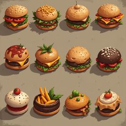 Twelve unique, cartoon-style burgers with diverse toppings and garnishes are arranged in a 3x4 grid.