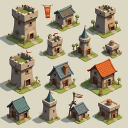 Twelve unique castle-like structures, varying in design, are arranged in a 3x4 grid against a light beige backdrop.