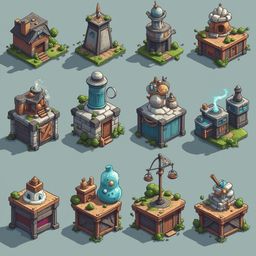 Twelve unique, colorful buildings with diverse features are arranged in a 4x3 grid against a light blue backdrop.