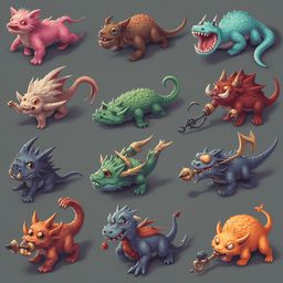 Twelve unique, colorful creatures with varying features and poses are arranged in three rows on a muted gray background.