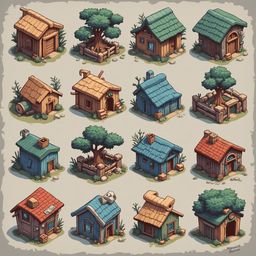 Twelve unique, colorful houses with varying roof styles and features are arranged in a 4x3 grid.