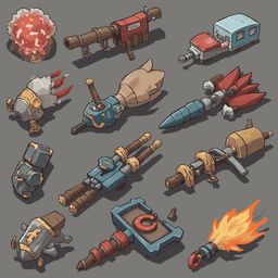 Twelve unique futuristic weapons and vehicles, predominantly in red, blue, and gray, are arranged against a muted gray backdrop.