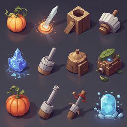 Twelve unique objects, including a pumpkin, sword, box, flame, crystal, barrel, house, pumpkin, brush, crystal, and blue ice, are arranged in a 3x4 grid.