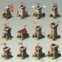 Twelve unique, pixelated stone castles with diverse features and decorations are arranged in a 3x4 grid.