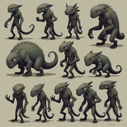 Twelve unique, stylized creatures with long tails, pointed ears, and large eyes are depicted in various poses against a light beige background.