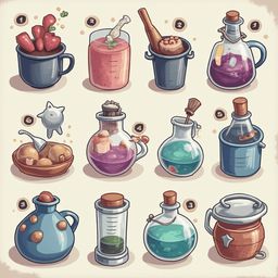 Twelve unique vials and containers, numbered 1-12, display various colors, shapes, and contents.
