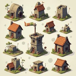Twelve unique, whimsical houses with diverse designs and features are arranged in a 3x4 grid.