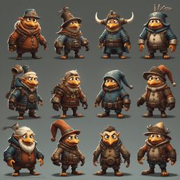 Twelve whimsical cartoon creatures, each unique in attire and appearance, stand against a muted gray backdrop.