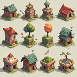 Twelve whimsical, house-shaped objects in various colors and designs are arranged in three rows, creating a charming and diverse scene.
