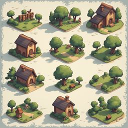 Twelve whimsical houses and trees, each unique in style and setting, populate a quaint village scene.