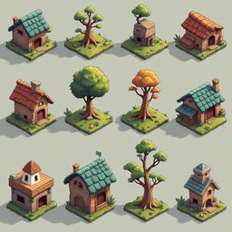 Twelve whimsical houses, each unique in color, shape, and size, are arranged in a 4x3 grid on green isometric ground.