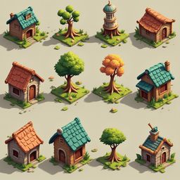 Twelve whimsical houses, each unique in color, shape, and design, are arranged in a grid on a light green background.