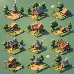 Twelve whimsical, low-poly houses with unique features are arranged in a 4x3 grid on a vibrant green backdrop.