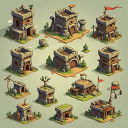 Twelve whimsical stone buildings with varied features and colors are arranged in a 3x4 grid against a light green backdrop.