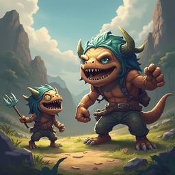 Two cartoon monsters, one with horns, stand on a rocky path in a mountainous landscape, one holding a trident.