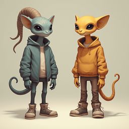 Two cartoon-style humanoids, one blue and one orange, stand facing each other with distinct features and attire.