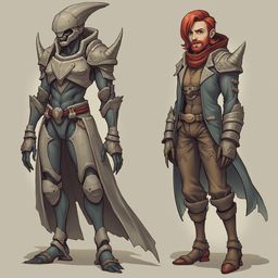 Two characters, a humanoid with pointed ears and a reptilian-like creature, stand against a beige backdrop, displaying distinct armor and features.