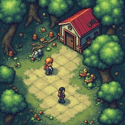 Two characters converse on a stone path in a pixel art forest, with a small wooden cabin and scattered objects nearby.