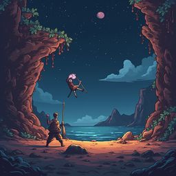 Two figures, one standing and one mid-jump, hold staffs and purple orb in a cave, with a lake and mountains beyond under a starry sky.