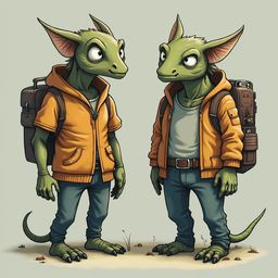 Two green lizard-like creatures, wearing orange jackets and backpacks, stand facing each other on a patch of dirt with grass.