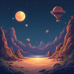 Two hot air balloons float over a tranquil lake, surrounded by majestic mountains and a starry night sky.