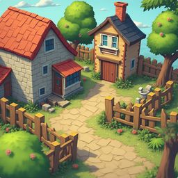 Two houses with red roofs and wooden fences are situated in a lush green landscape with a clear blue sky.