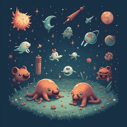 Two orange creatures with exaggerated features stand on a grassy patch, surrounded by celestial bodies and a wooden post in a whimsical, starry night scene.