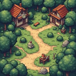 Two red-roofed houses, connected by a dirt path, host characters in a forest setting with a bench, fire pit, and trees.