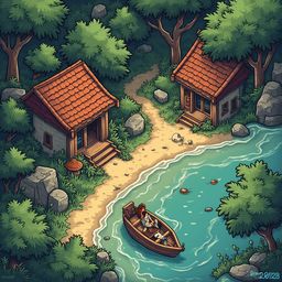 Two red-roofed houses sit on either side of a river, with a small boat carrying two people floating on the water amidst trees and rocks.