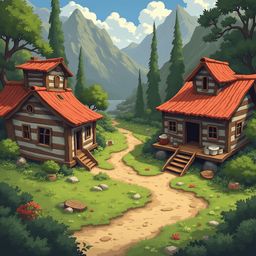 Two red-roofed wooden cabins stand on a winding dirt path in a lush forest, with a mountain range and blue sky beyond.
