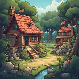 Two red-roofed wooden houses, one with a chimney and flag, stand amidst a lush forest, accompanied by a small stream and vibrant flowers.