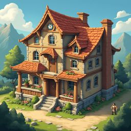 A two-story cottage with a red tiled roof, stone chimney, and porch is nestled amidst nature, with a person walking nearby.