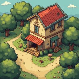 A two-story house with a red roof, green awning, and porch is nestled in a forest, surrounded by trees and rocks.