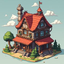 A two-story red-roofed wooden house with green walls, porch, and chimney sits on a small island surrounded by water and colorful flowers.
